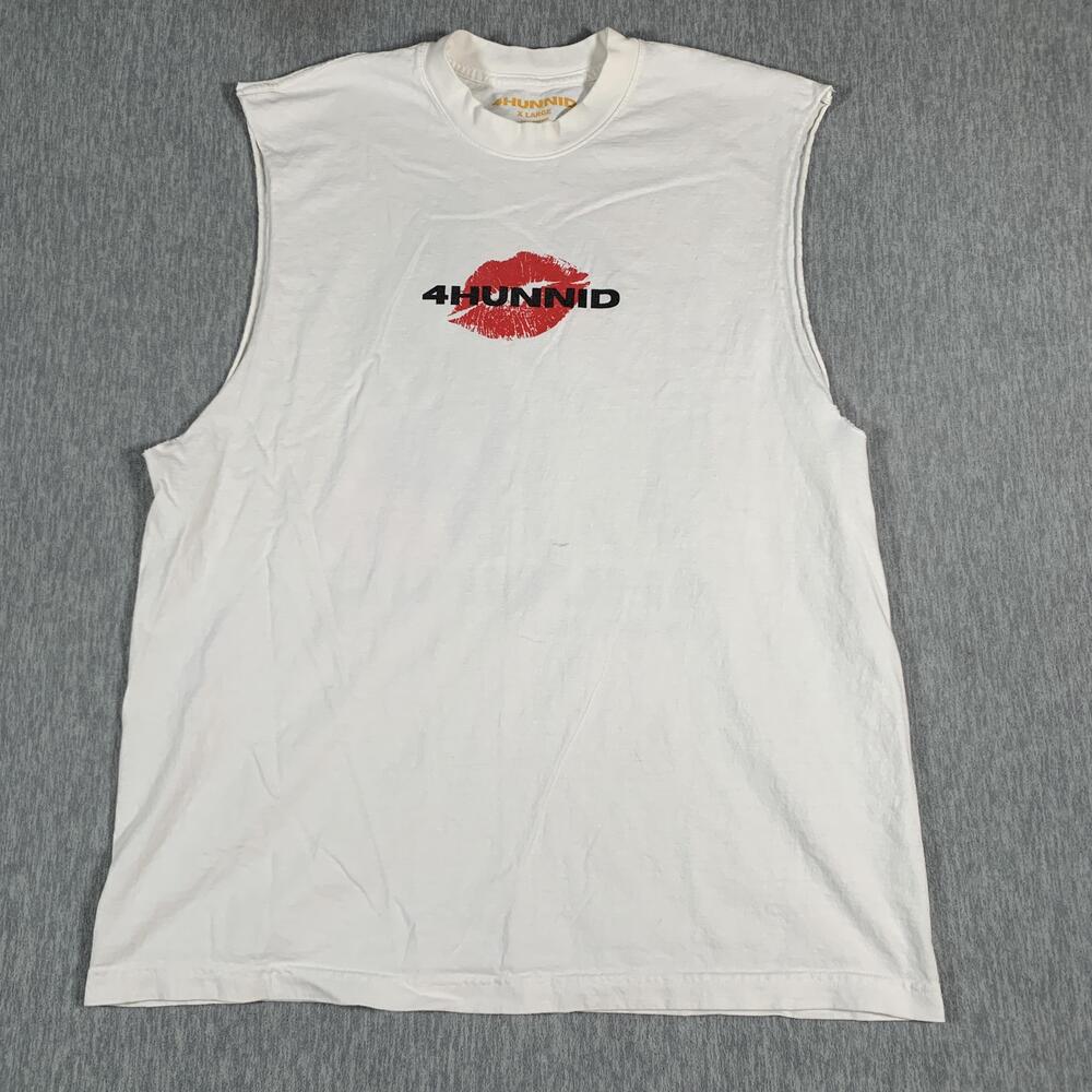 4Hunnid Shirt Mens XL White Made USA Sleeveless Tank Top Graphic Lips Back